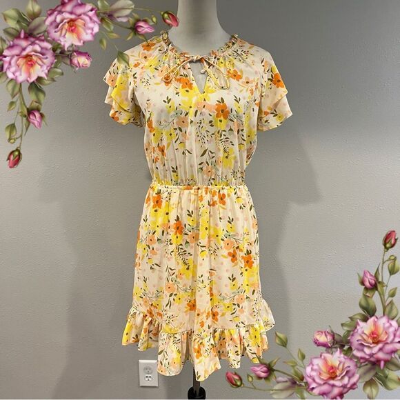 LC Lauren Conrad Floral Ruffle Hem short sleeve mini Dress size XS - Picture 1 of 13